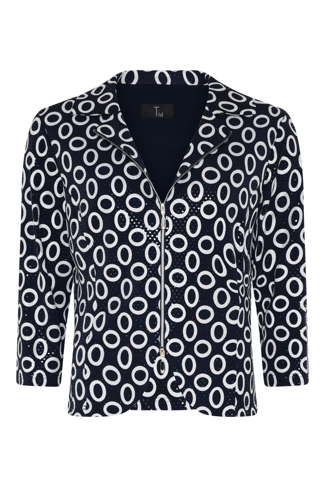 Tia 77600-7796-69 Navy Circle Print Sequin Shimmer Zip Front Jacket