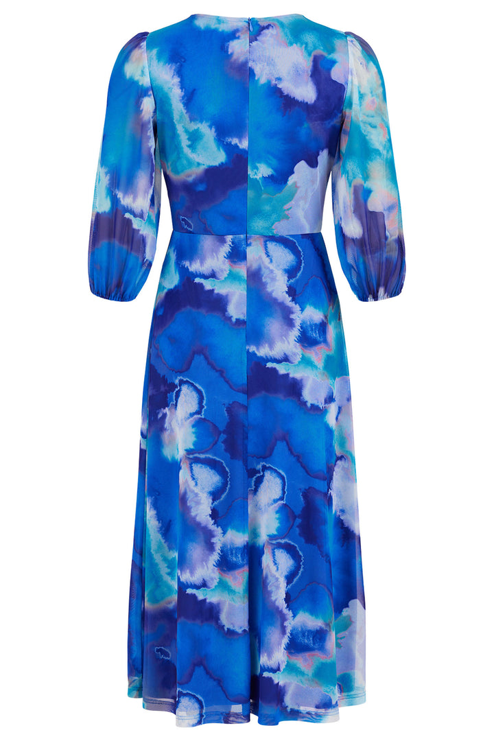 Tia 78809-7811-65 Blue Print Wrap Bust Puff Sleeve Midi Dress - Rouge Boutique Inverness