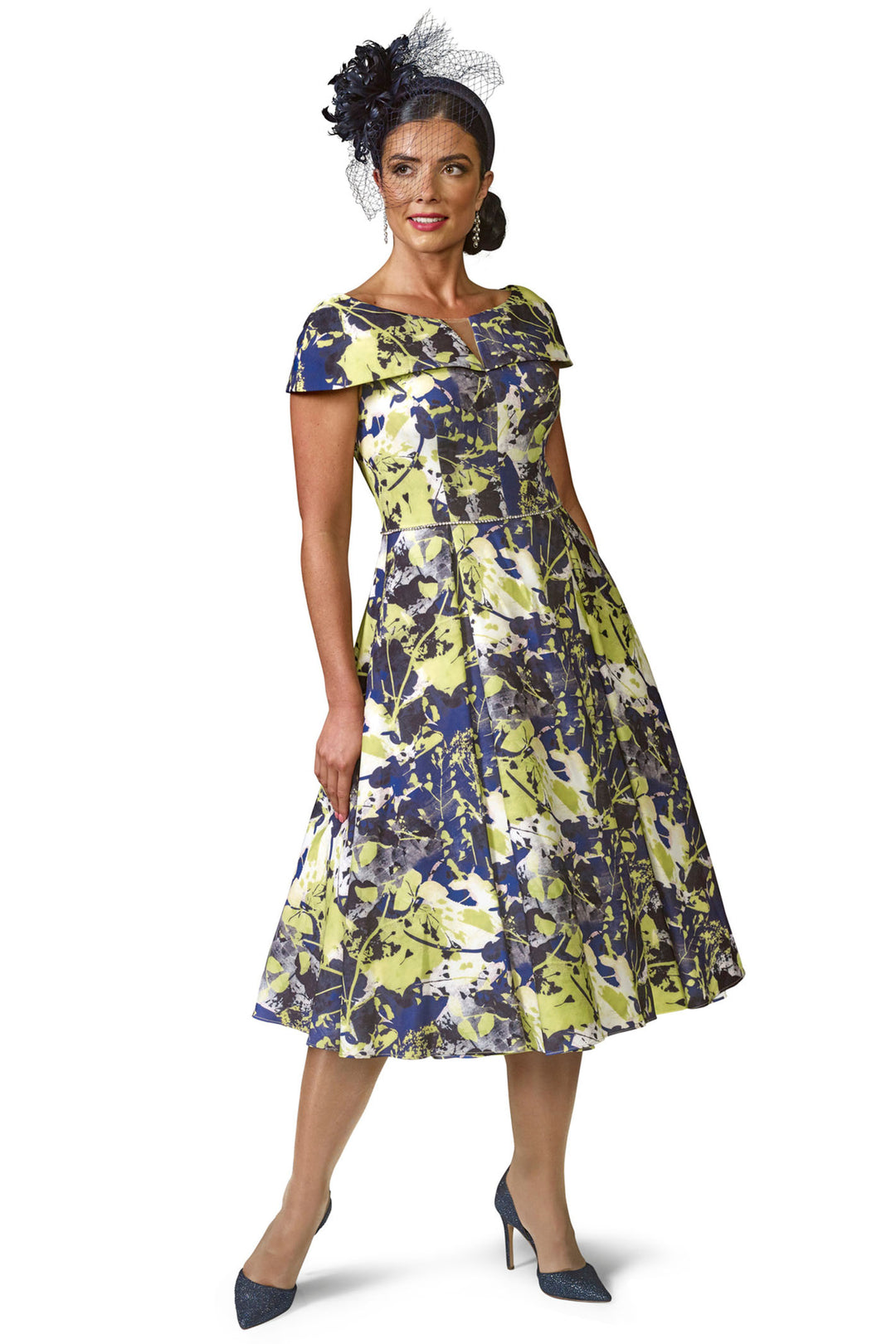 Veromia Occasions VO0246 Lime Green Print Wide Neck A-Line Dress - Rouge Boutique Inverness