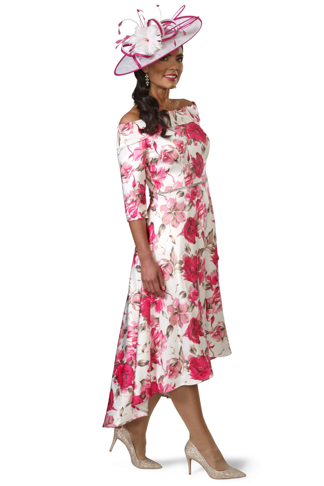 Veromia Occasions VO0323 Lipstick Pink Print Bardot Neck Hi-Lo Dress - Rouge Boutique Inverness