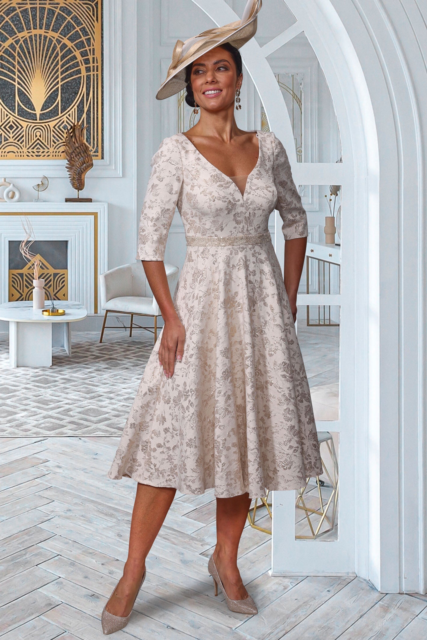 Veromia Occasions VO0970 Light Gold Embossed V-Neck Midi Occasion Dres Rouge Boutique Inverness Veromia Occasions VO0970 Light Gold Embossed V-Neck Midi Occasion Dres Rouge Boutique Inverness