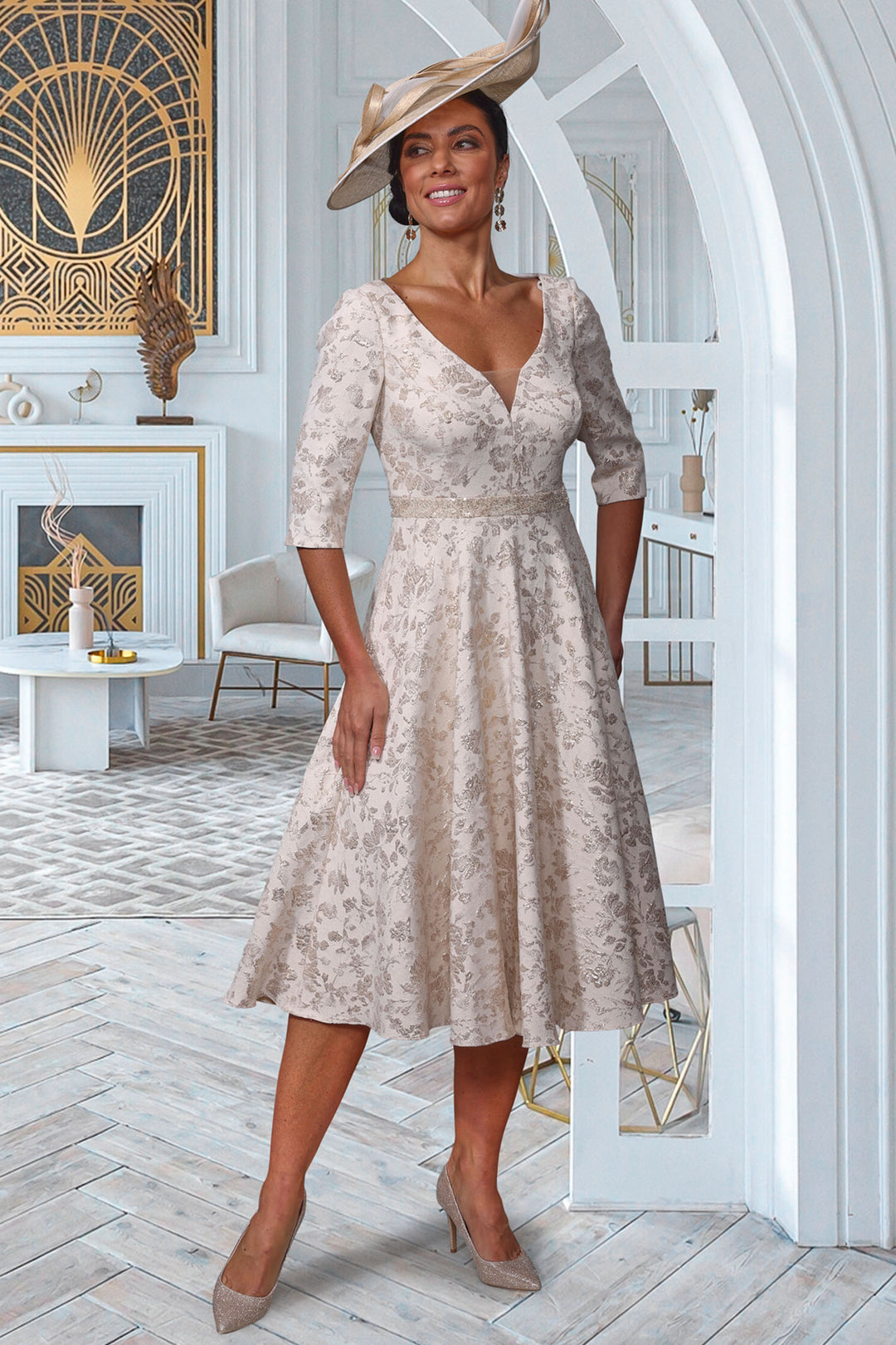 Veromia Occasions VO0970 Light Gold Embossed V-Neck Midi Occasion Dress - Rouge Boutique Inverness