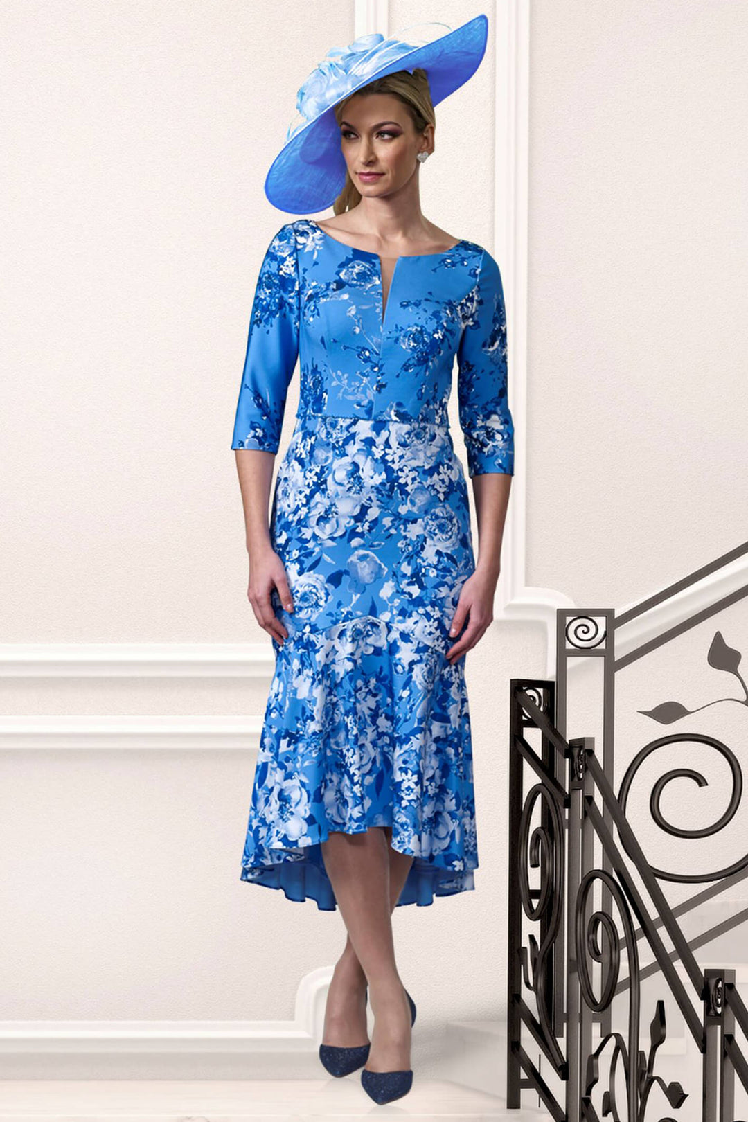 Veromia Occasions VO9673 Cobalt Blue Print High Low Occasion Dress - Rouge Boutique