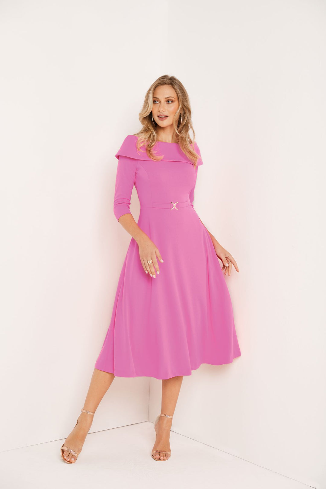Tia 78599 Pink Fit and Flare Dress Buckle Detail