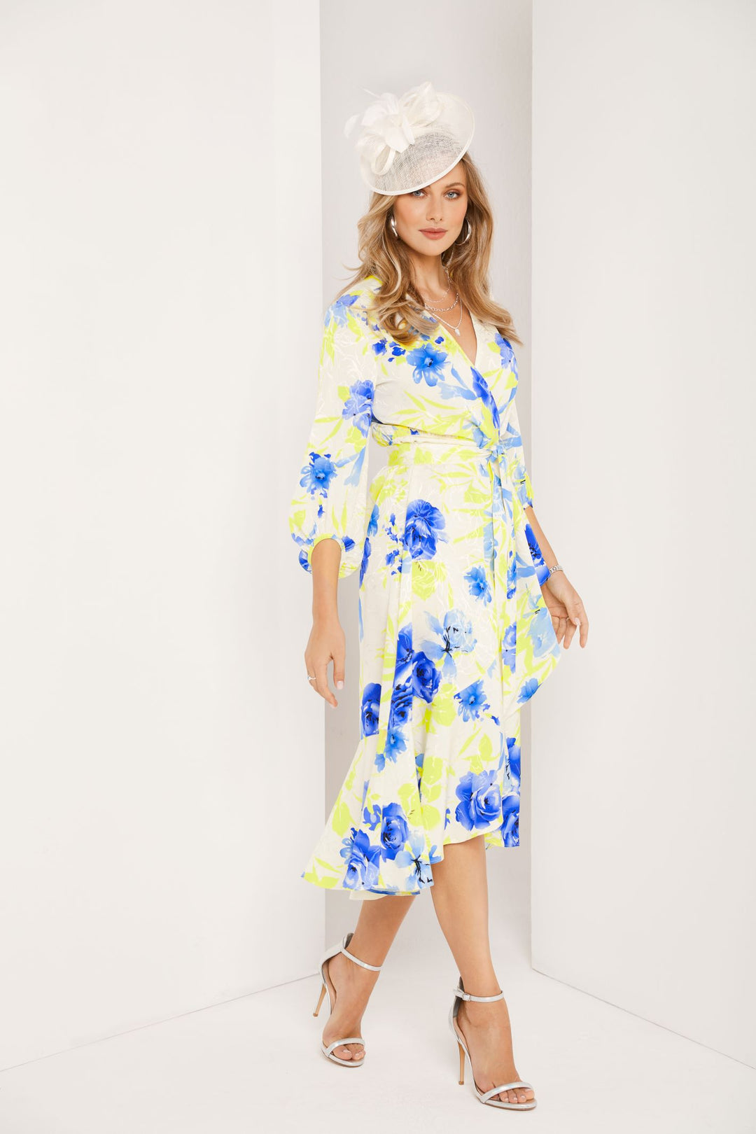 Tia 78654 Yellow Blue Floral Print Wrap Sleeve Dress