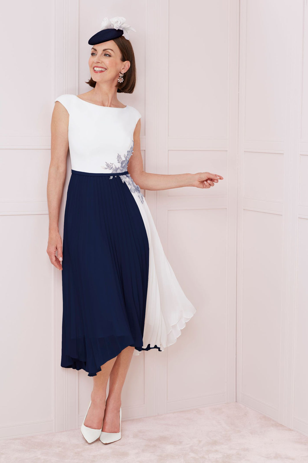 John Charles Cap Sleeve Pleated A Line Dress Navy Ivory 66309