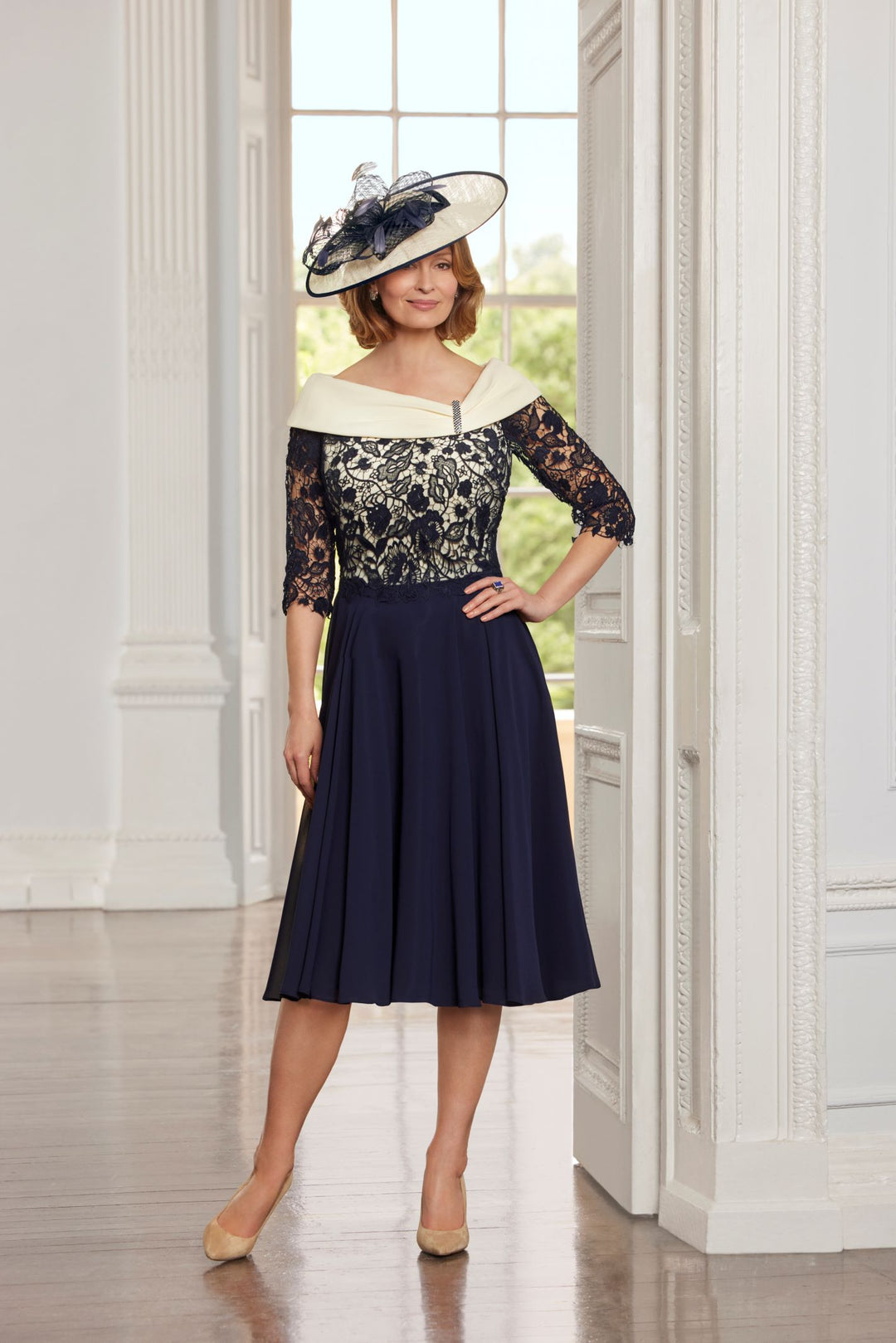 Condici 71114C Lemongrass and Navy Fit and Flare Dress