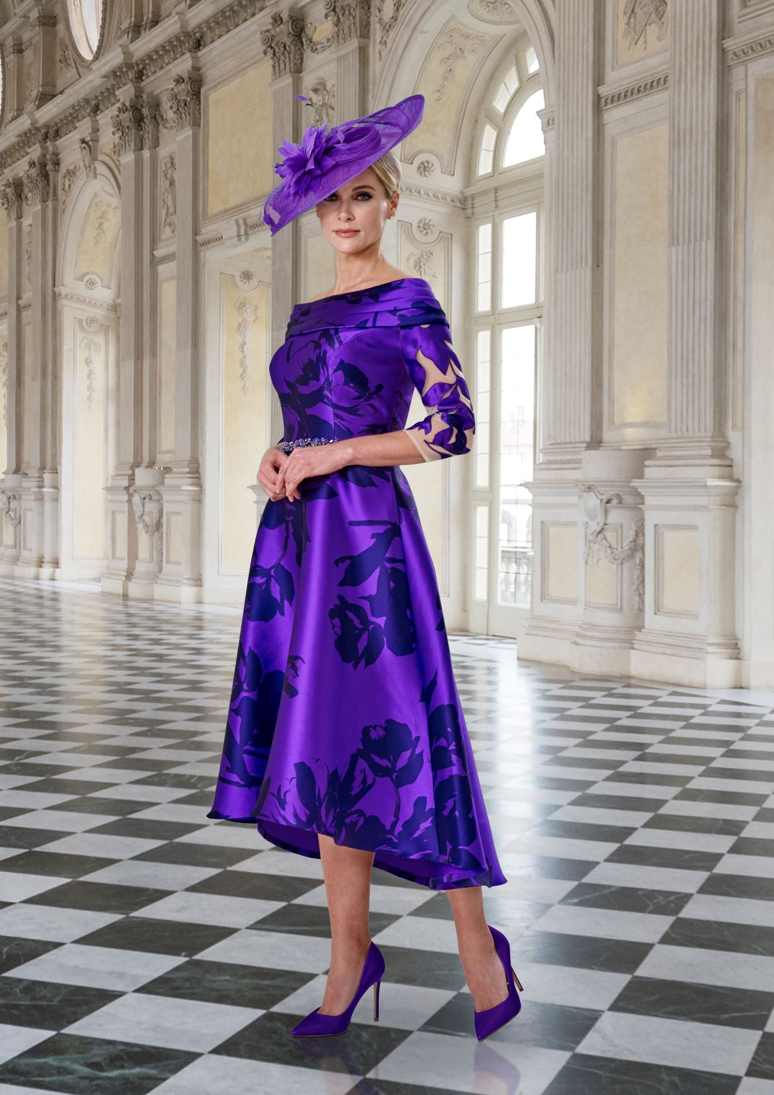Irresistible IR1732S Purple Print High Low Wide Neck Dress Sleeve Rouge Boutique Inverness Irresistible IR1732S Purple Print High Low Wide Neck Dress Sleeve Rouge Boutique Inverness