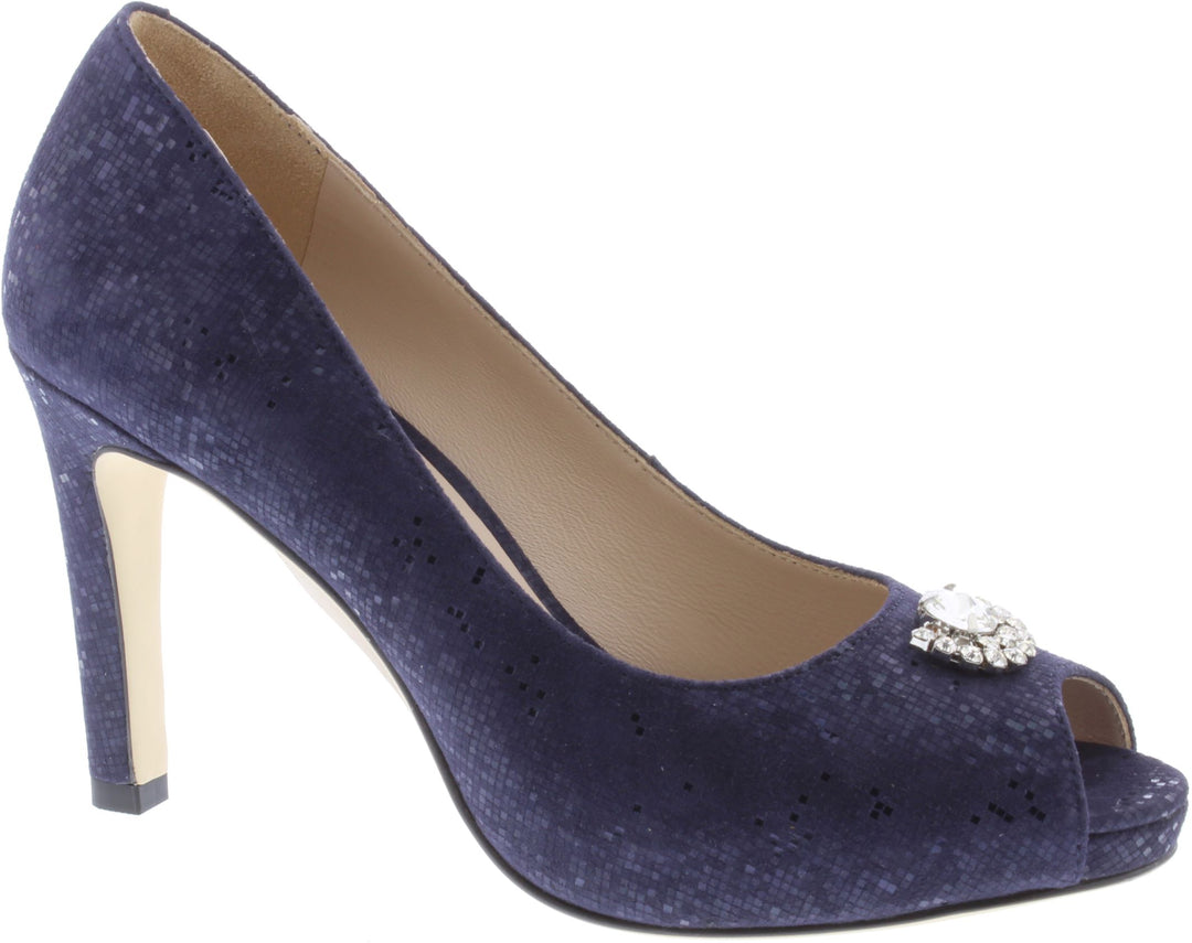 J600 Navy Heeled Open Toe Shoe Concealed Wedge Cushioned Insole