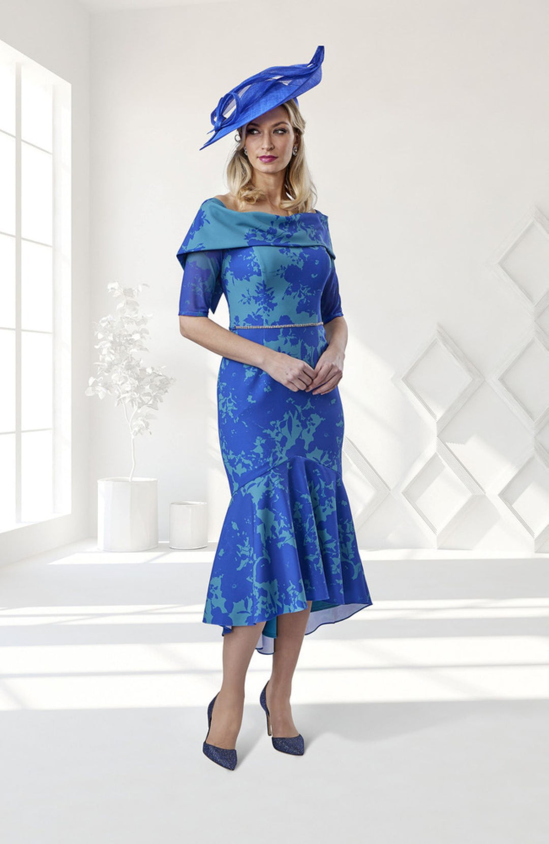 Veromia VO8125 Teal Cobalt Straight Dress Half Sleeve