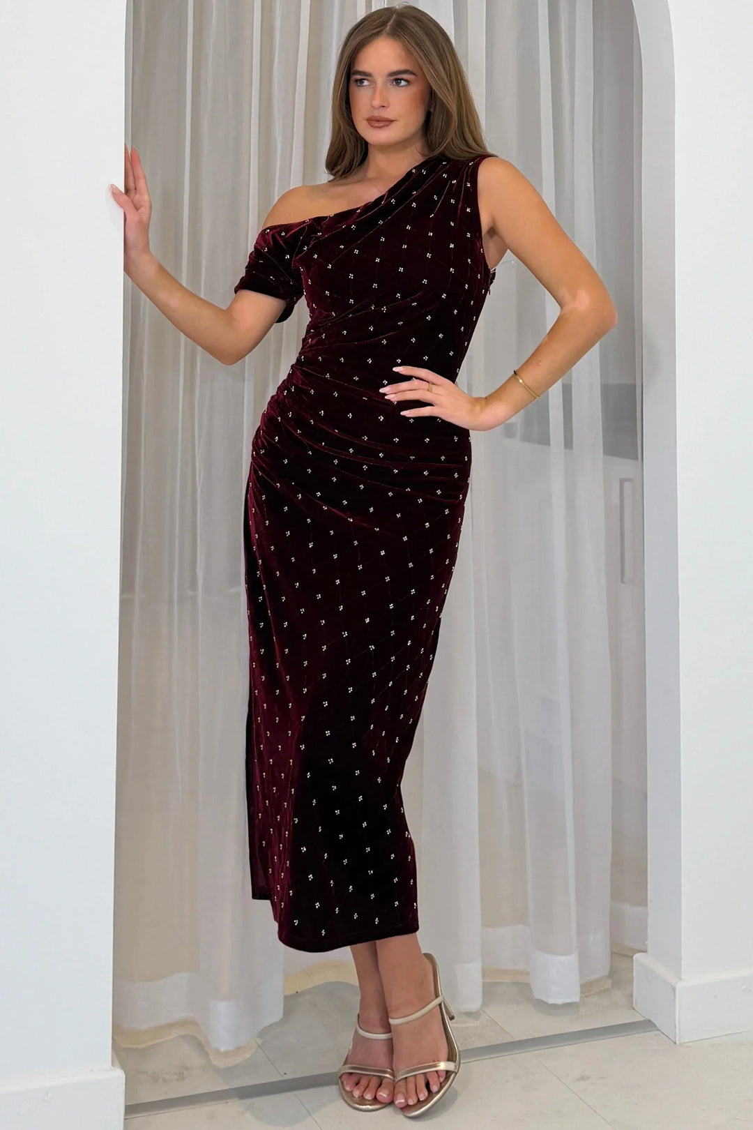 Dresses by Rouge Donna berry beaded velvet midi party dress at Rouge Boutique Inverness