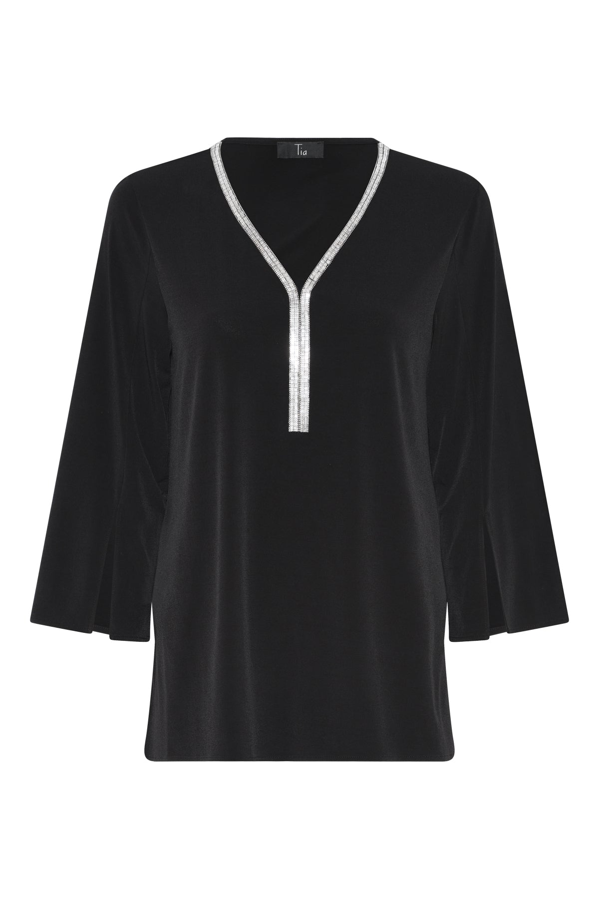 Tia 73035 Black Three Quarter Sleeved Top With Diamante V Neck