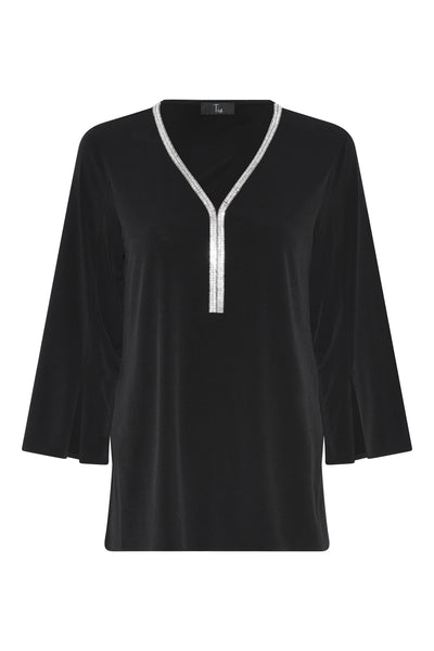 Tia 73035 Black Three Quarter Sleeved Top With Diamante V Neck