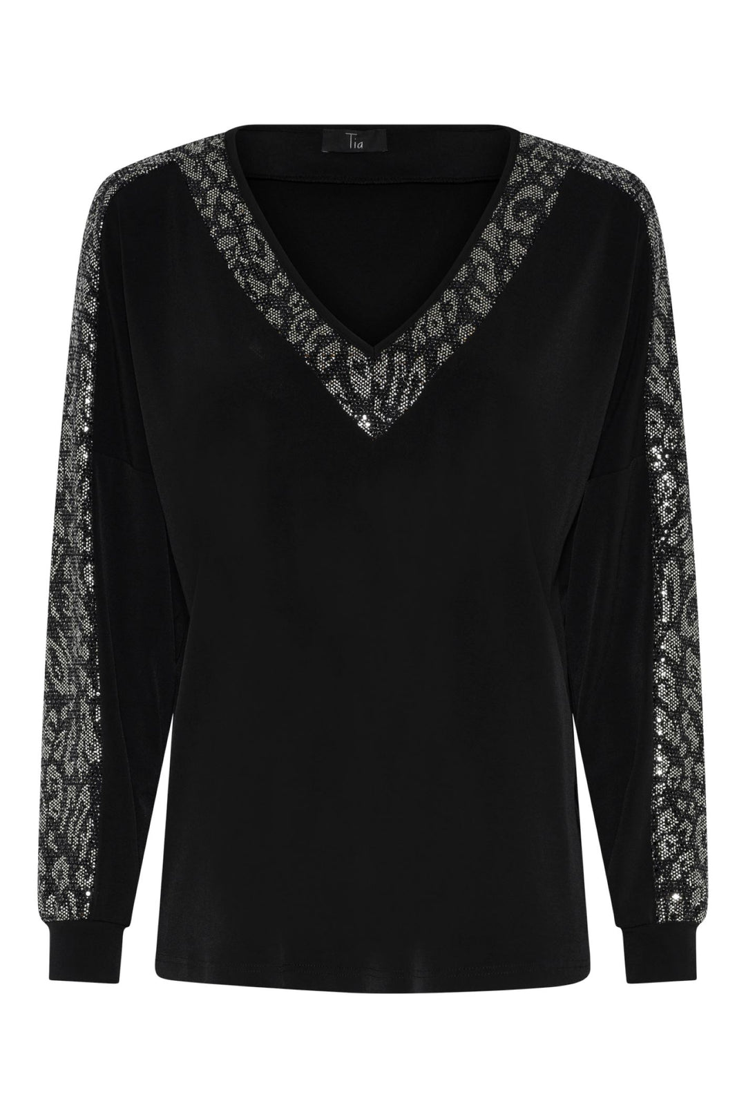 Tia 73047 Black V Neck Sleeved Sparkle Top