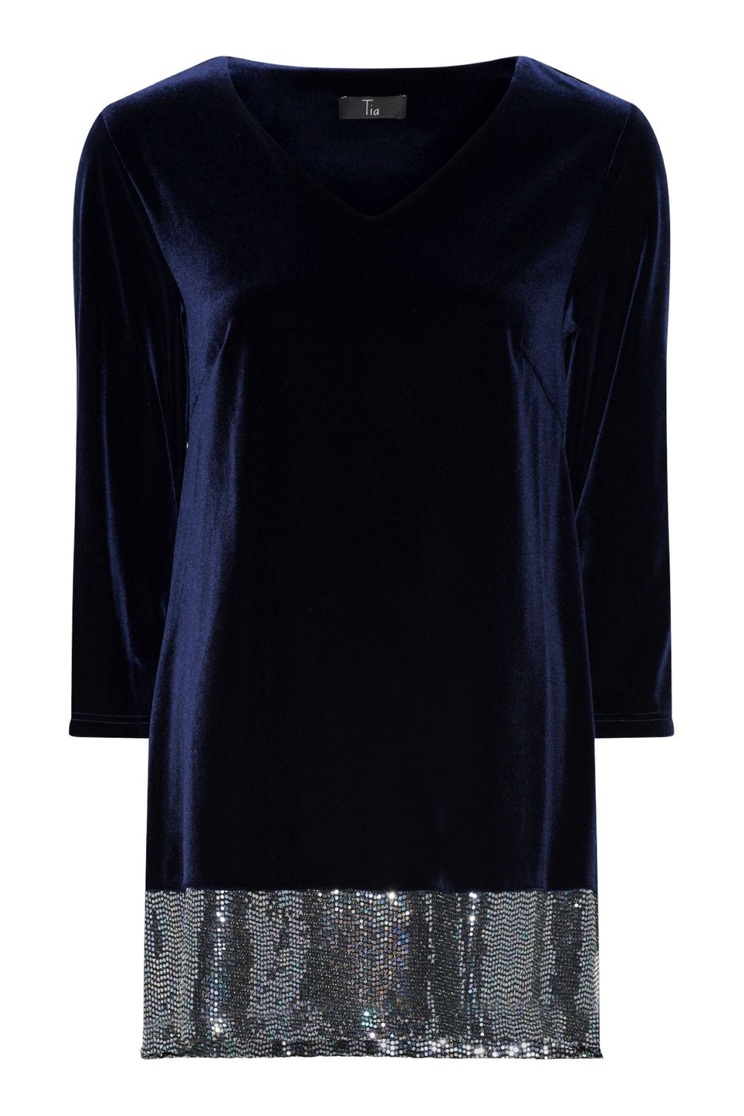 Tia 73048 Navy Velvet Sparkle Sleeved V Neck Evening Top