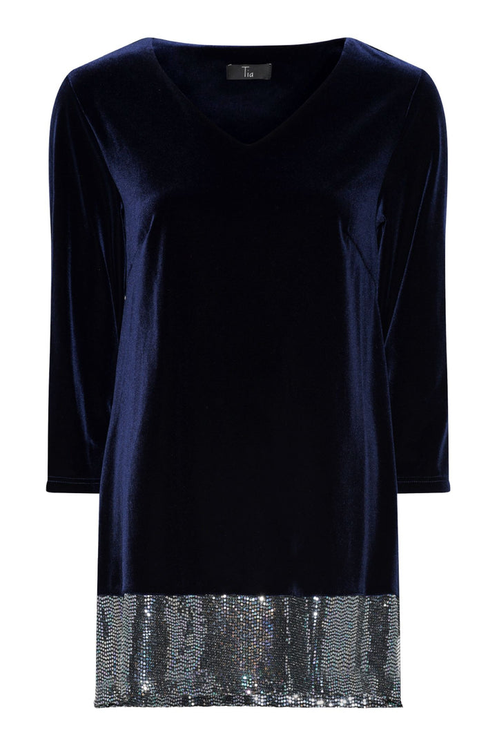 Tia 73048 Navy Velvet Sparkle Sleeved V Neck Evening Top