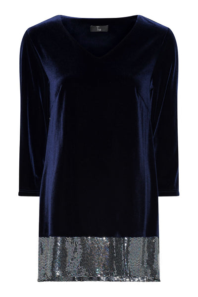 Tia 73048 Navy Velvet Sparkle Sleeved V Neck Evening Top