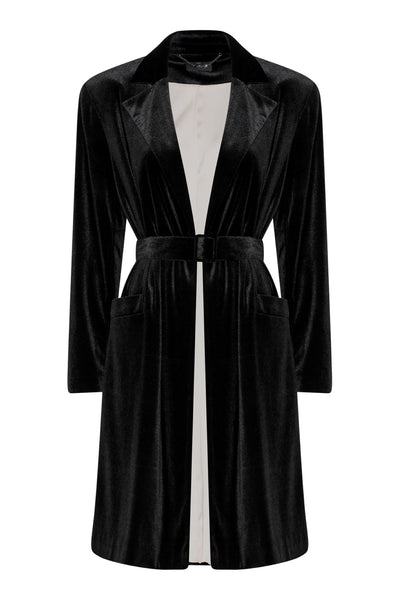 Tia 77614 Long Velvet Sleeved Black Coat