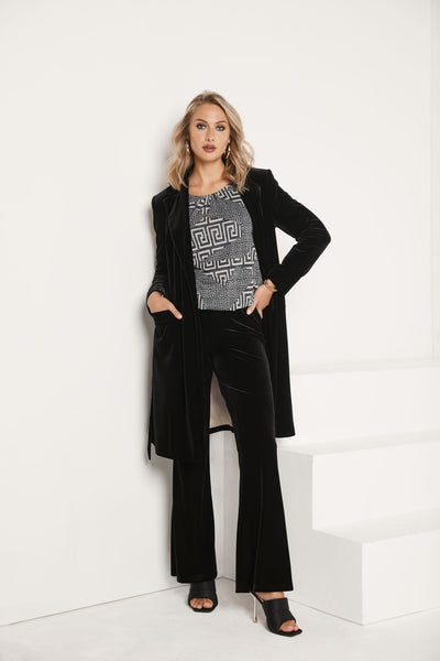 Tia 77614 Long Velvet Sleeved Black Coat
