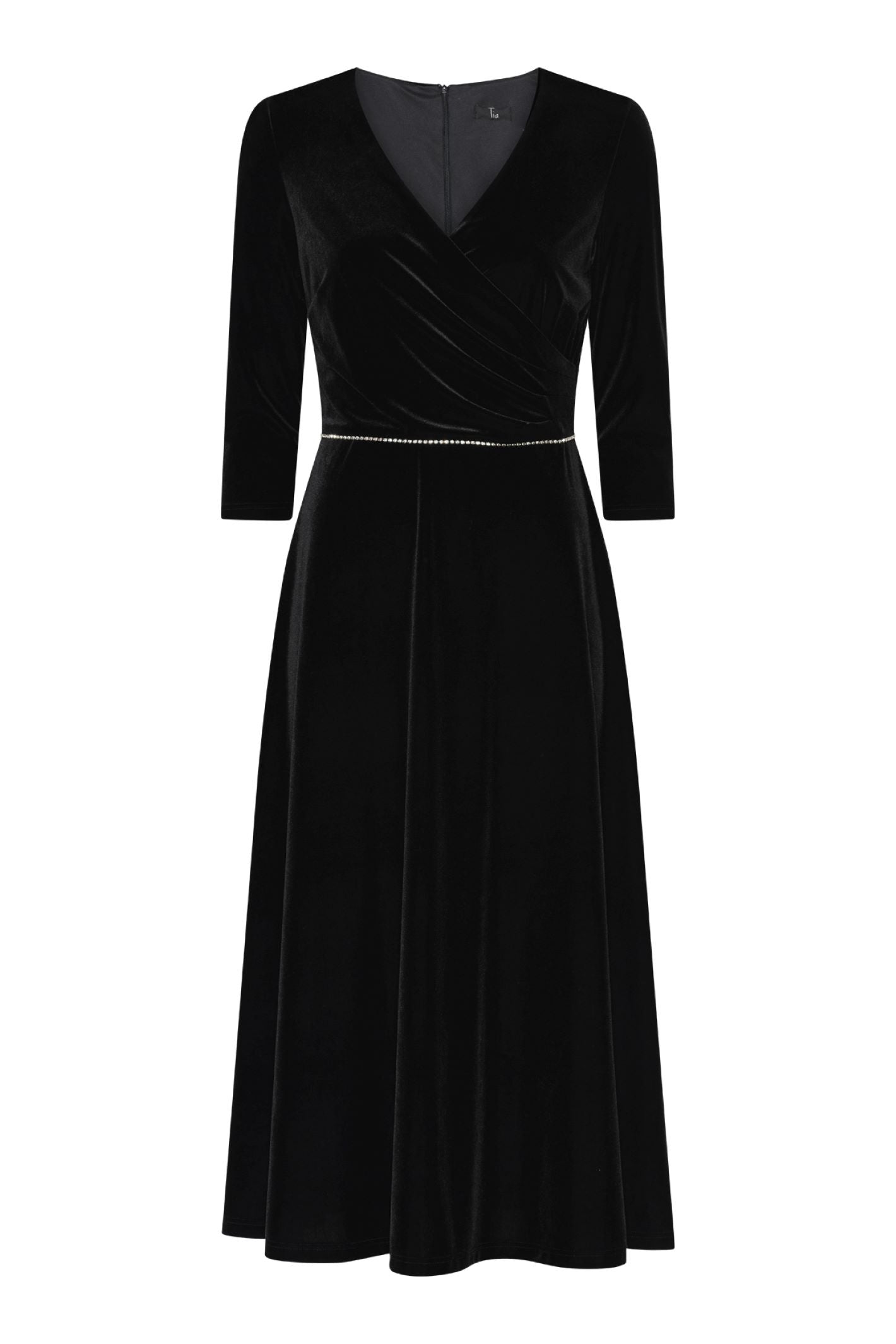 Tia 78732Black Velvet Fit and Flair V Neck Sleeved Evening Dress