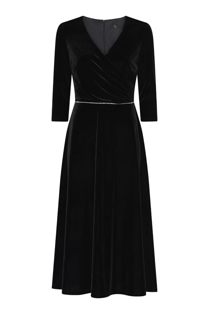 Tia 78732Black Velvet Fit and Flair V Neck Sleeved Evening Dress with Diamante Band