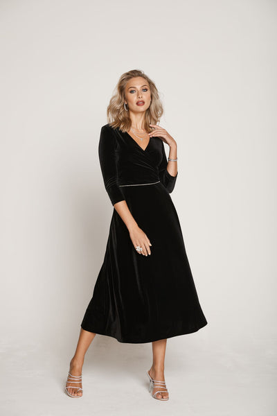 Tia 78732Black Velvet Fit and Flair V Neck Sleeved Evening Dress with Diamante Band