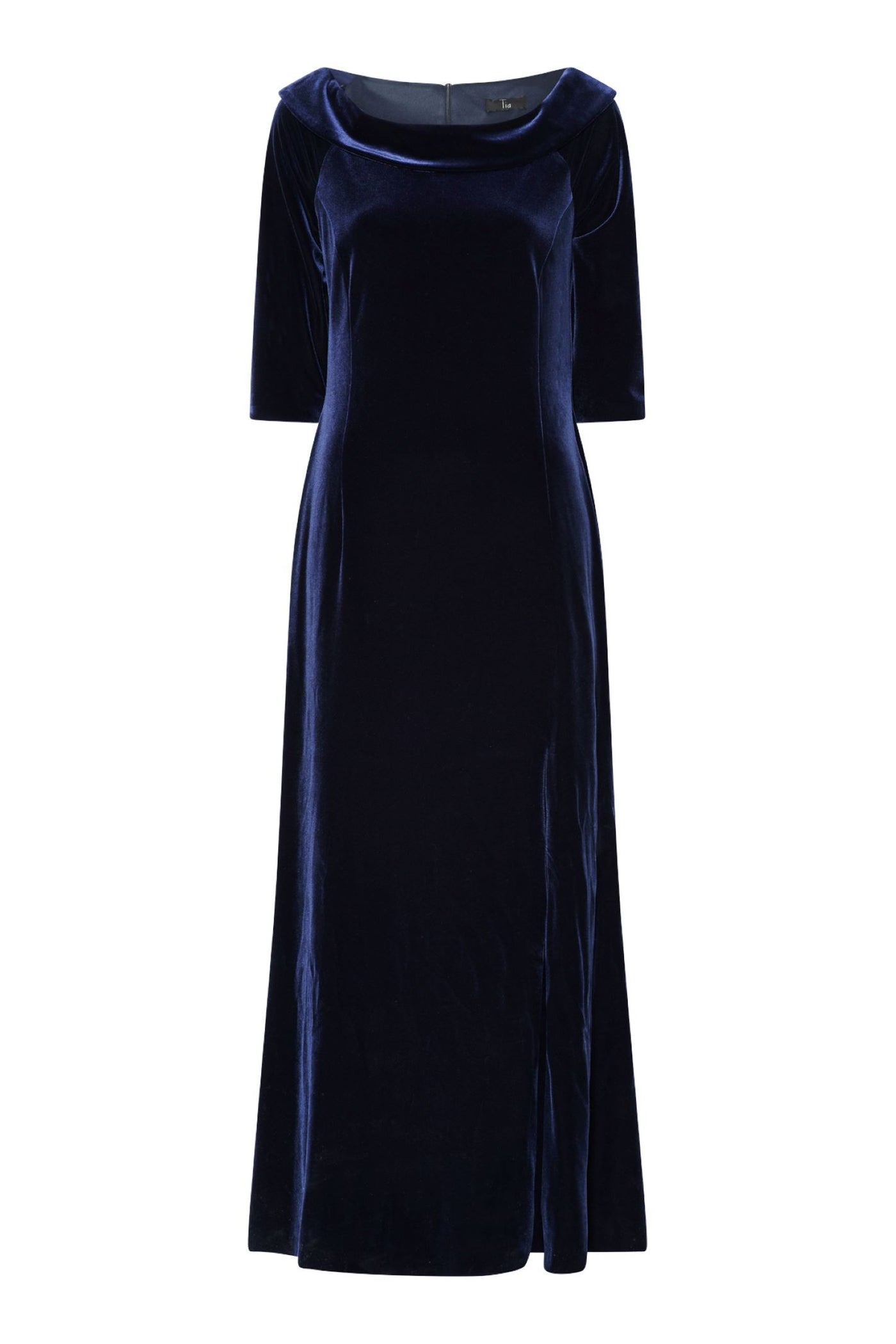 Tia 78735 Midnight Blue Long, Sleeved, Wide Neck Evening Dress in Velvet