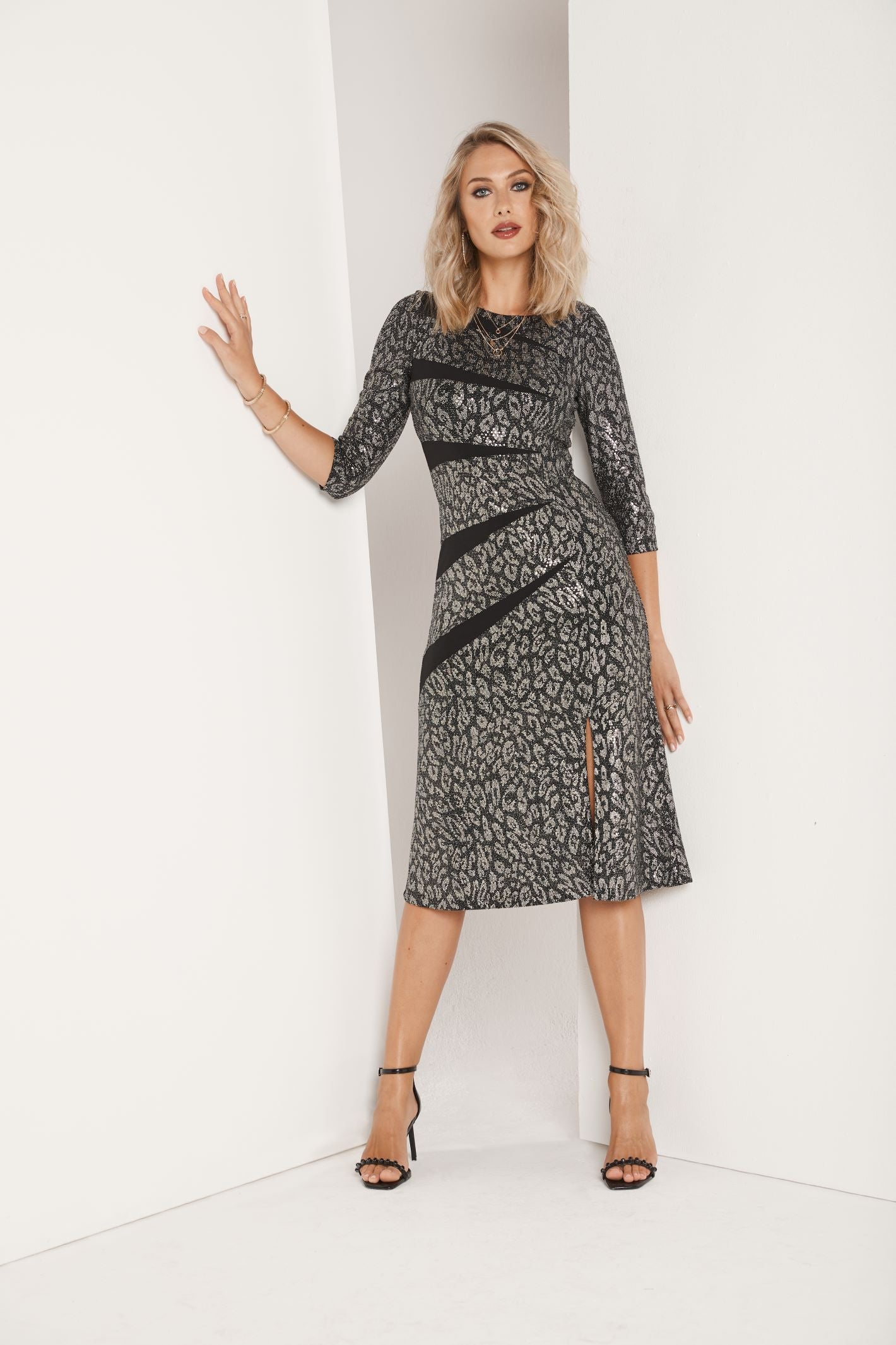 Tia 78737 Silver and Black A Line Sleeved Dress Rouge Boutique Inverness