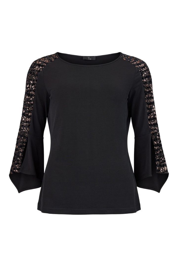 Tia 74897 Black Sleeved Top with Gold Detailed Sleeve