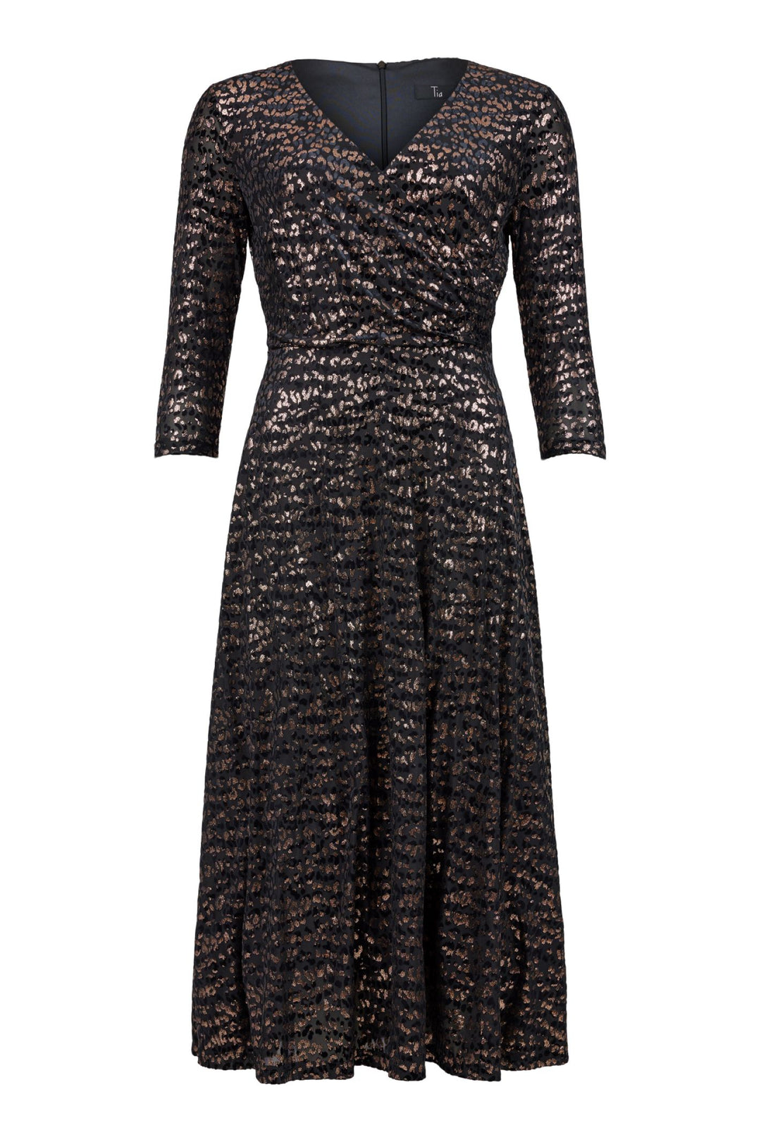 Tia 78548 Black Gold Fit and Flare V Neck Sleeved Dress