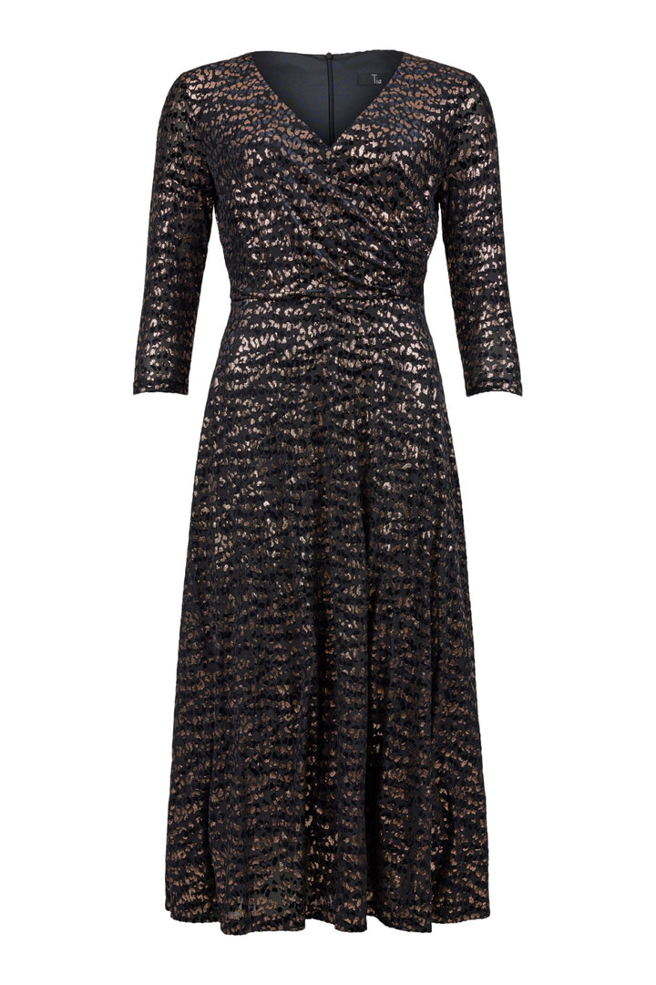 Tia 78548 Black Gold Fit and Flare V Neck Sleeved Dress