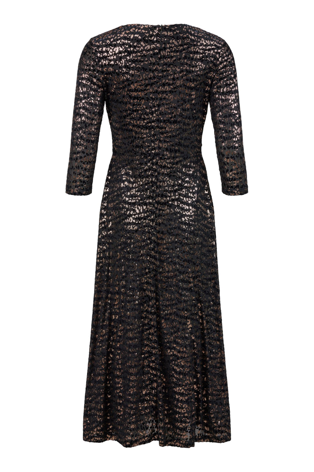Tia 78548 Black Gold Fit and Flare V Neck Sleeved Dress