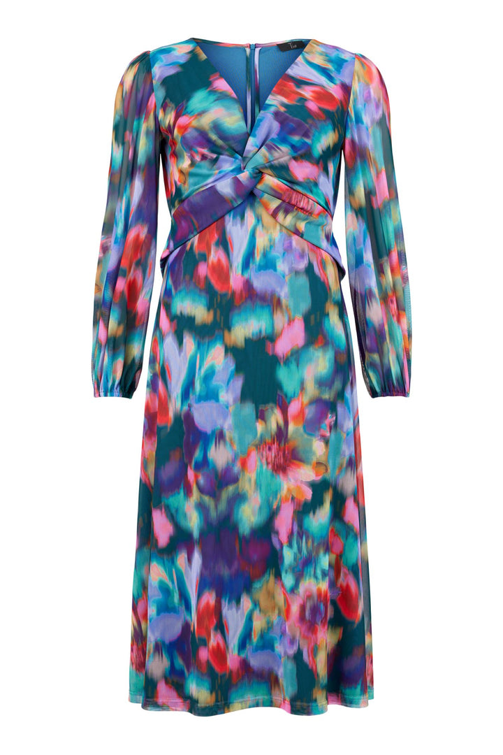 Tia 78848 Sleeved Blue Print A Line Dress