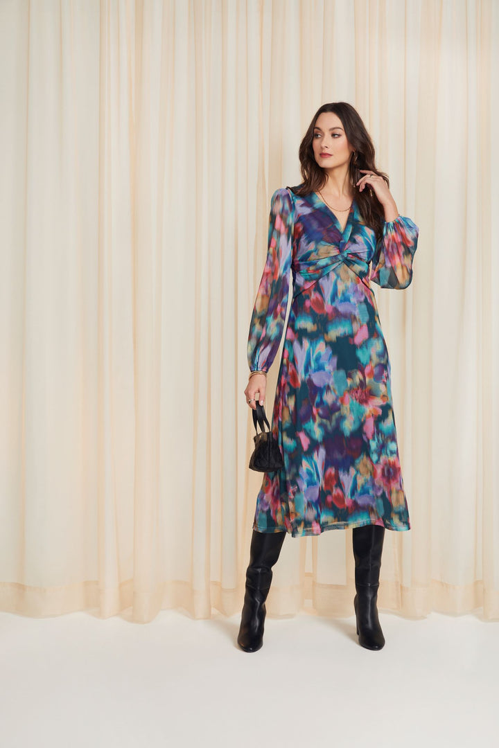 Tia 78848 Sleeved Blue Print A Line Dress