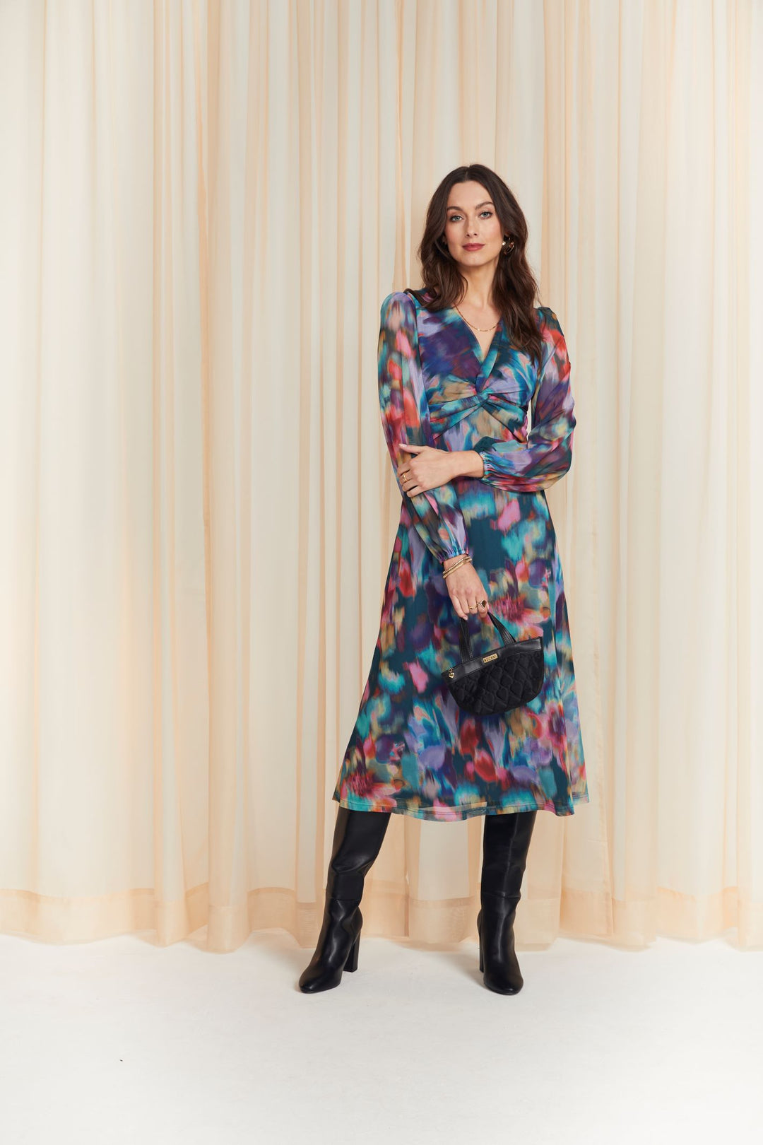 Tia 78848 Sleeved Blue Print A Line Dress