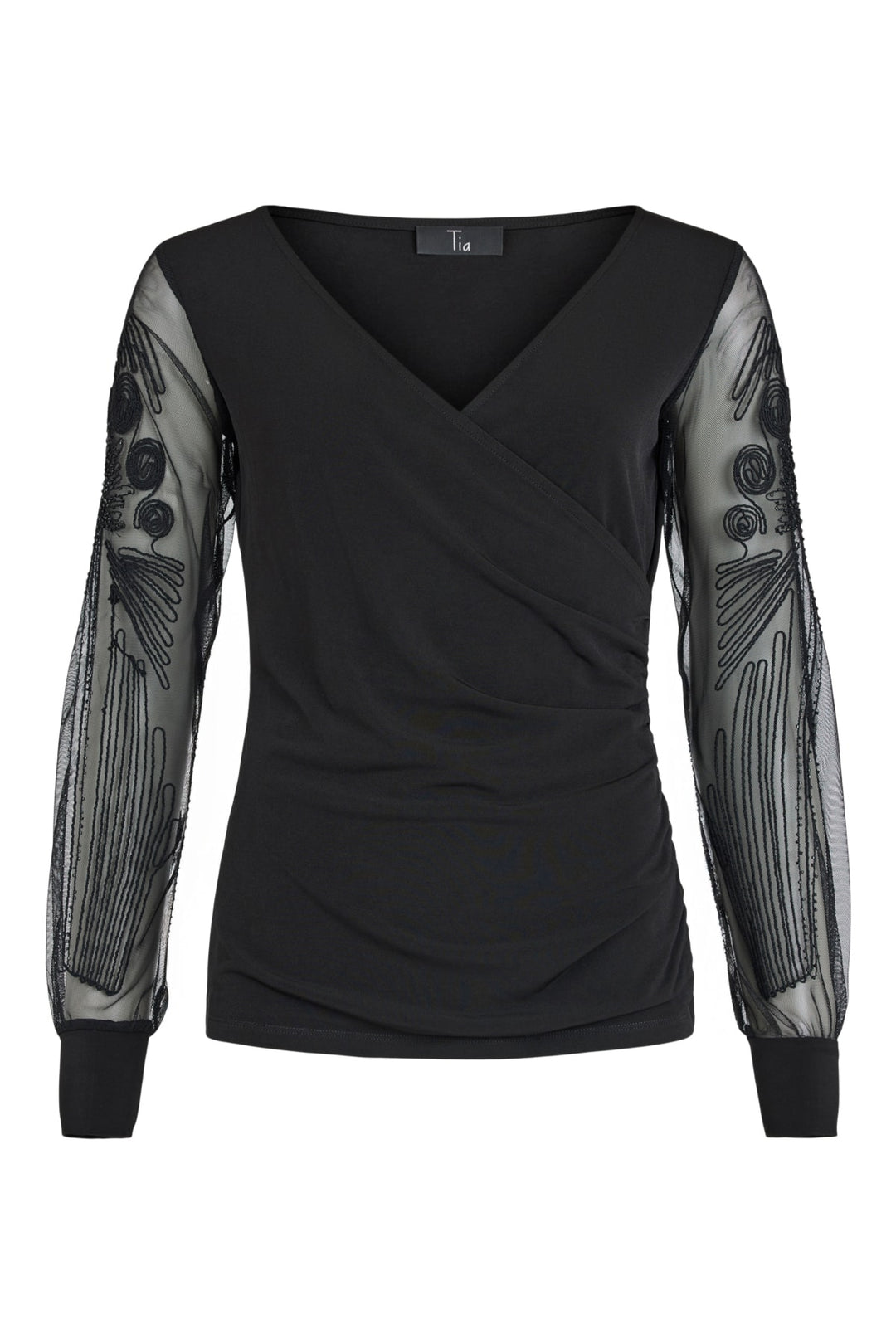 Tia 73164 Black V Neck Detailed Sleeve Top
