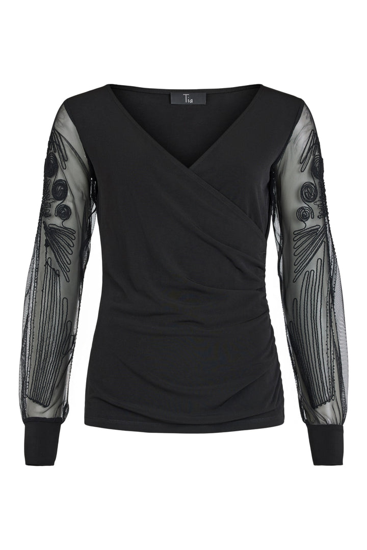Tia 73164 Black V Neck Detailed Sleeve Top