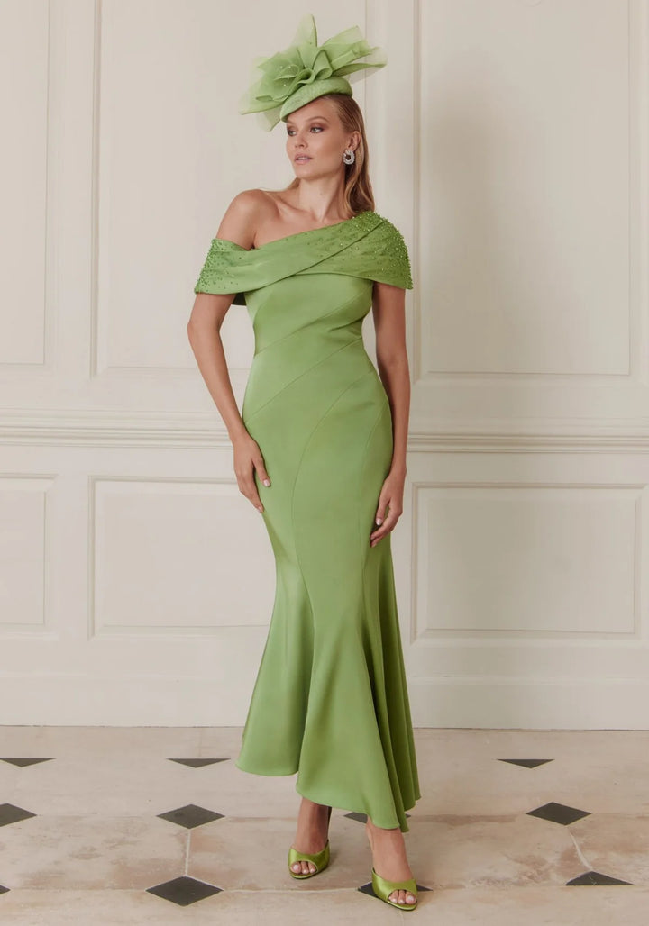 John Charles 66744 Peacock One Shoulder Midi Occasion Dress