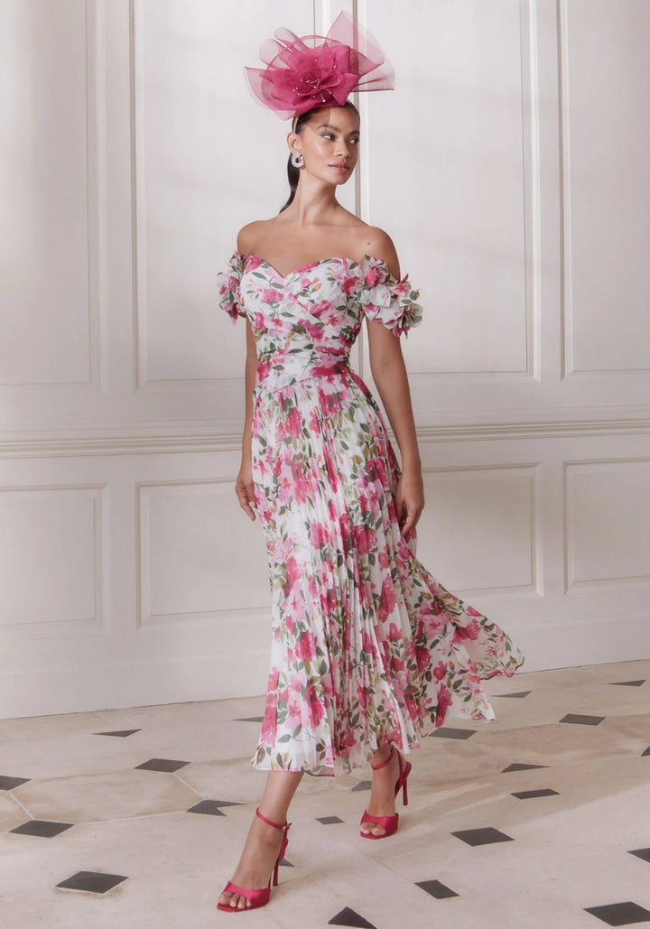 John Charles 66766 Amaryllis blue Floral Print Off-The-Shoulder Occasion Dress