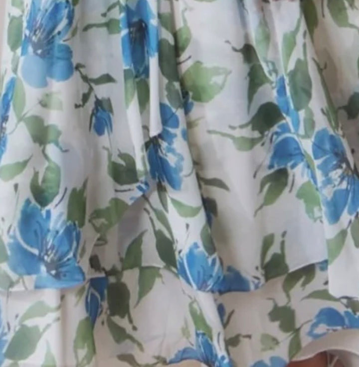 John Charles 66766 Amaryllis blue Floral Print Off-The-Shoulder Occasion Dress