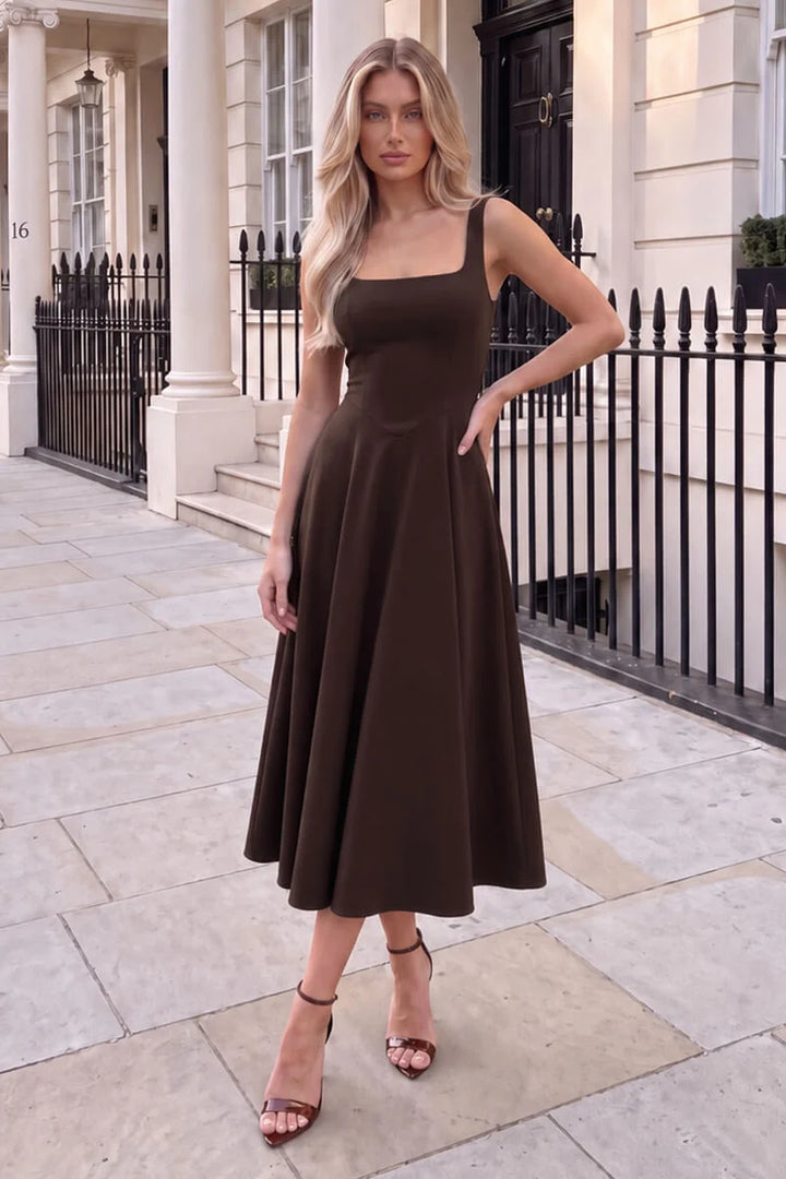 Hazel Chocolate Square Neck Midi Dress