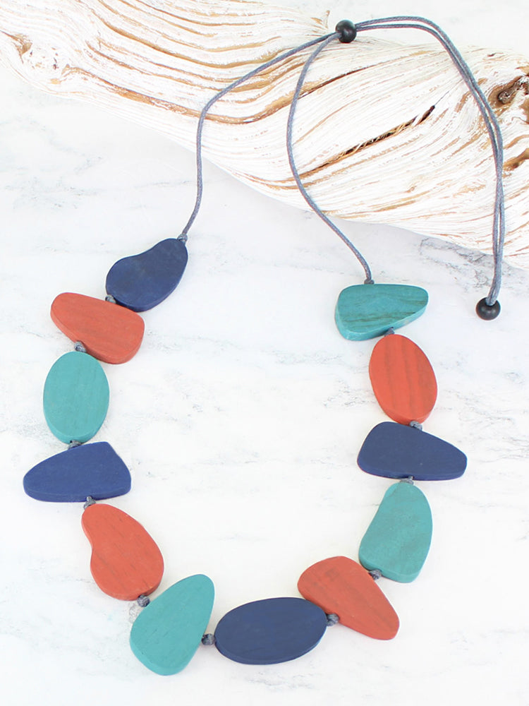 Suzie Blue FB1303ORANGE BLUE Wooden Pebble Necklace