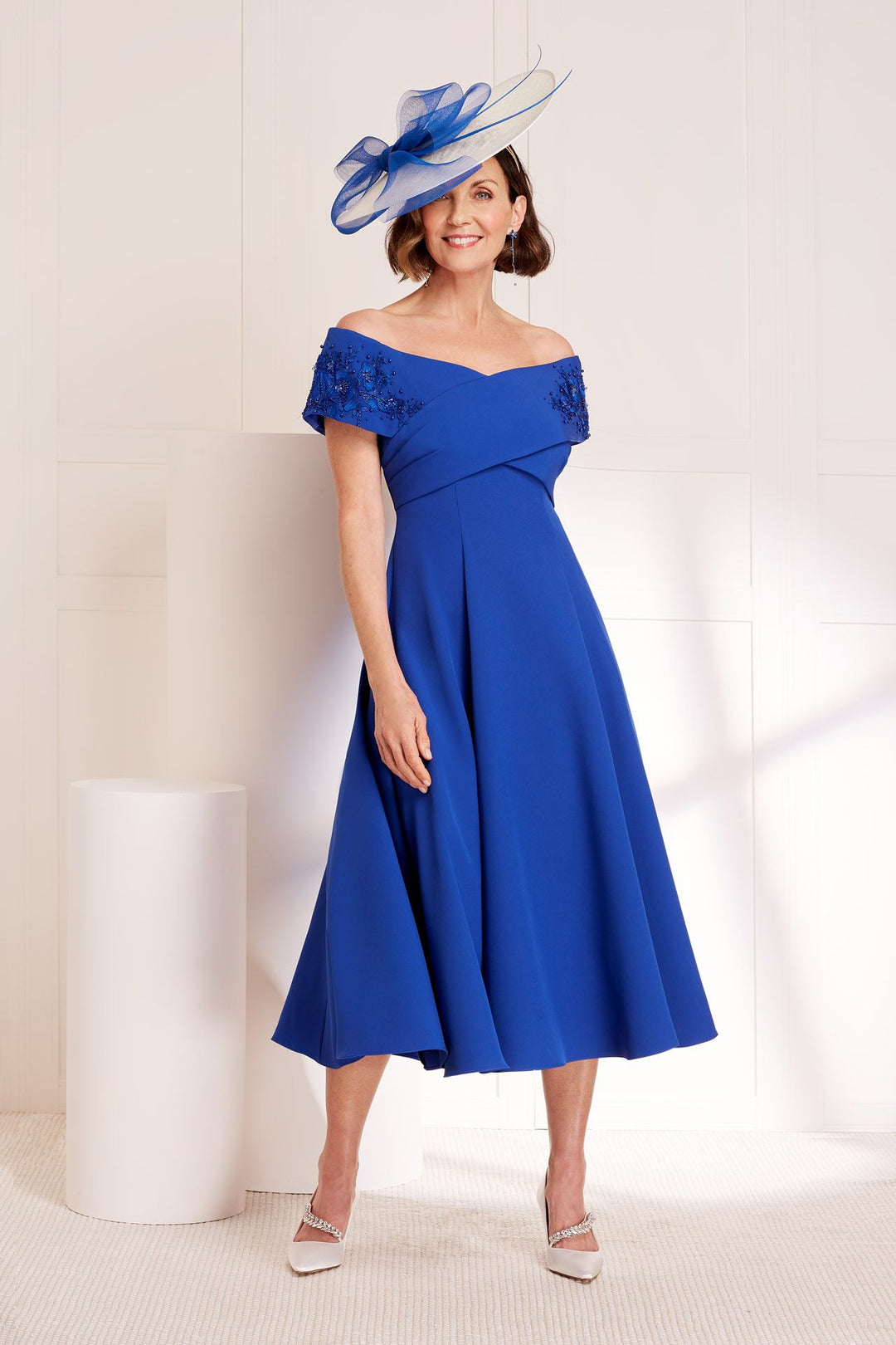 John Charles 66318 Cobalt Bardot Faux Wrap A Line Dress With Pockets!