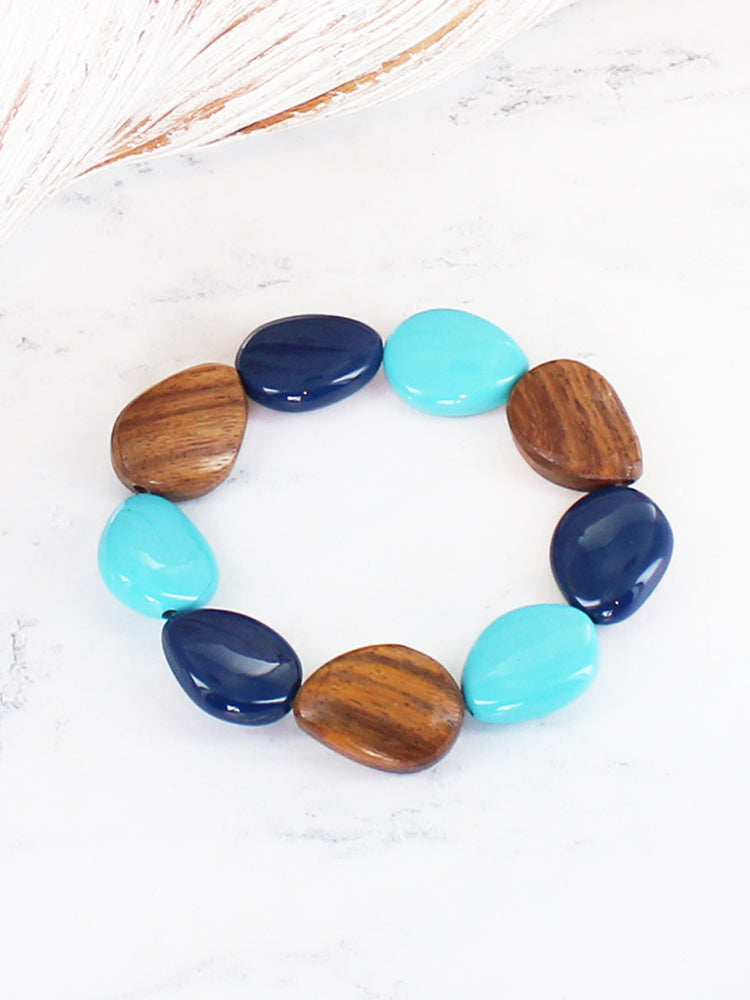 Suzie Blue JP1308 Blue Wood and Resin Pebble Elasticated Bracelet