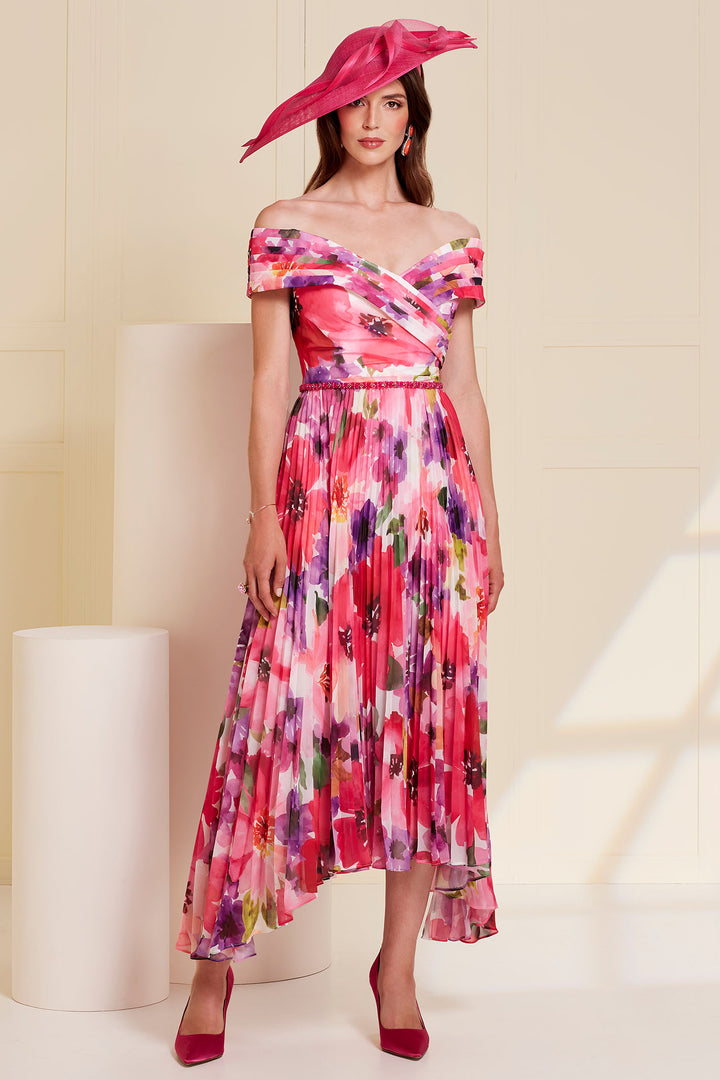 John Charles 66510B Bardot Summer Printed Chiffon Dress with Plisse Skirt - Rouge Boutique Inverness