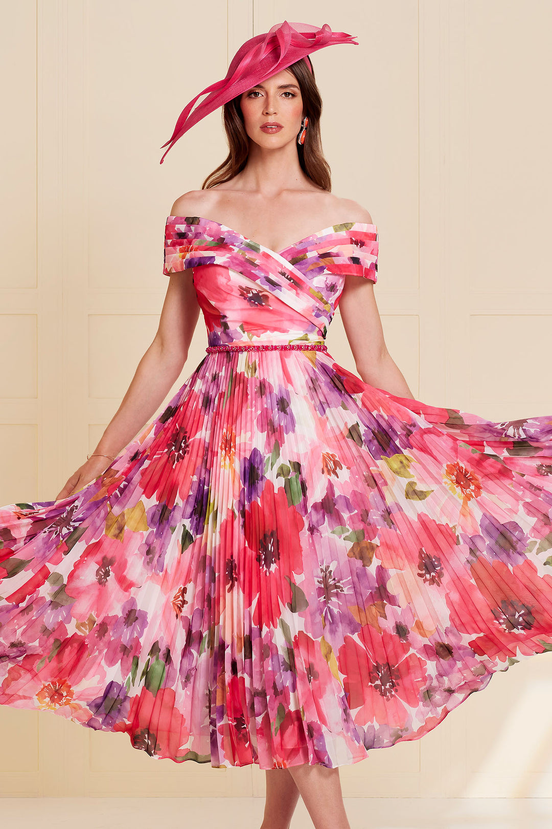 John Charles 66510B Bardot Summer Printed Chiffon Dress with Plisse Skirt - Rouge Boutique Inverness