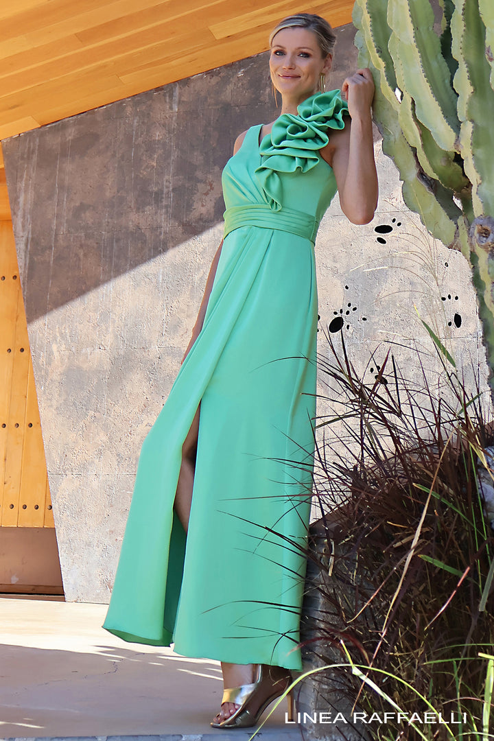 Linea Raffaelli Couture Set 081 Bright Green Shoulder Detail Occasion Dress 261-202-02