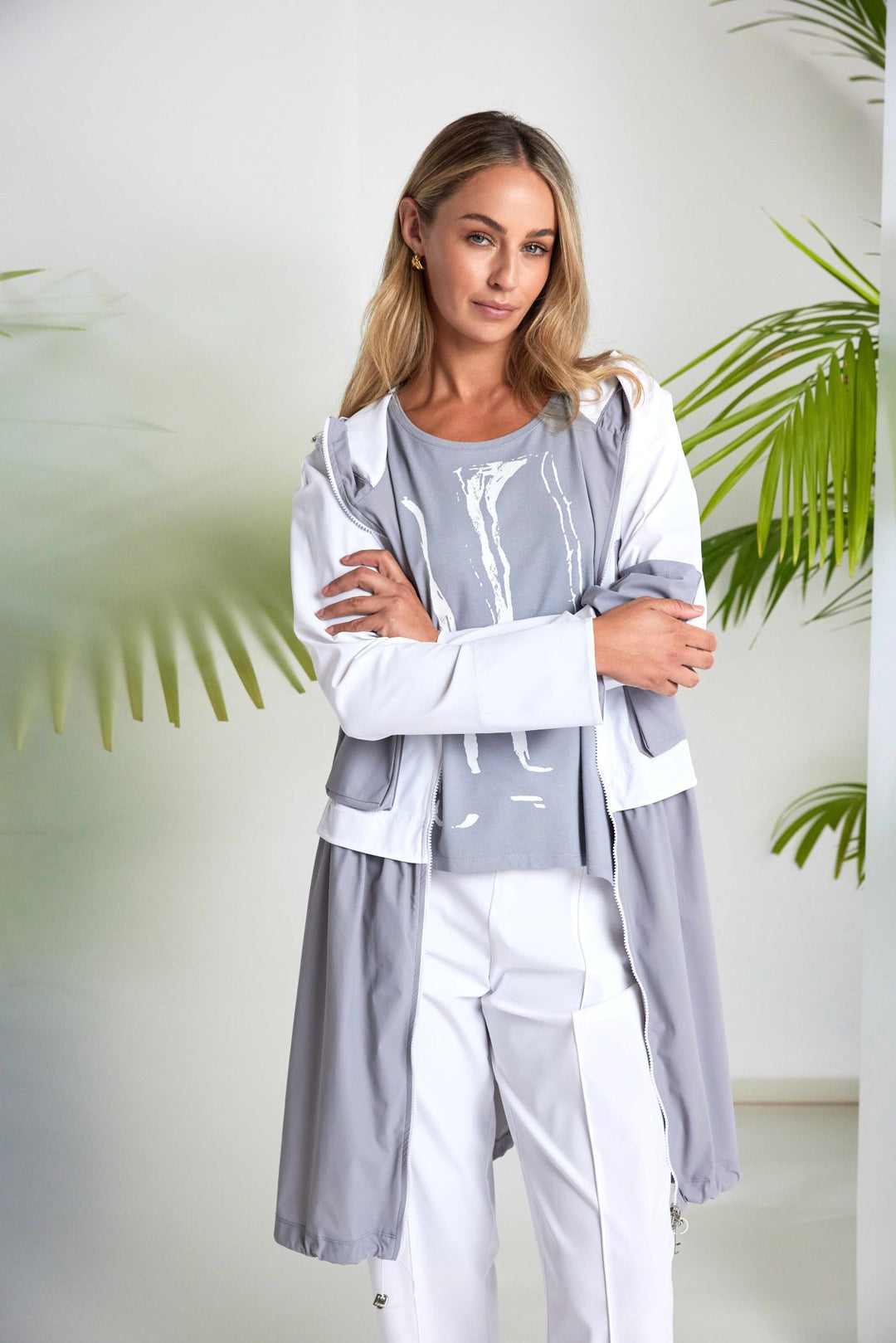 Naya NAS26191 85 White Grey Longline Hooded Jacket