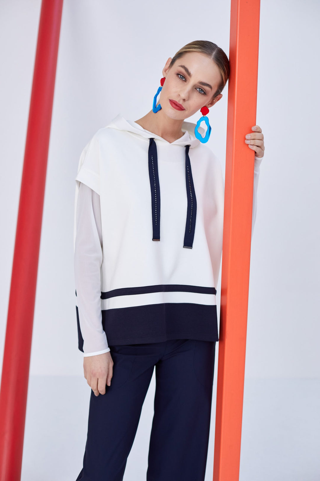 Naya NAW23122 Cream and Navy Short Sleeved Hoodie Jumper