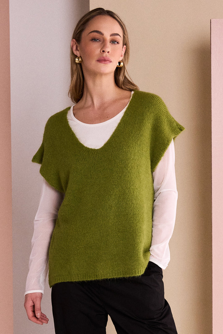 Naya Avocado Green Vee Neck Soft Knit With Extended Shoulder, front